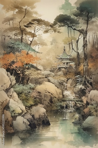 Watercolor print showcasing a Japanese style landscape featuring a serene lake and majestic mountains, stunning addition to home decor and design - generative ai