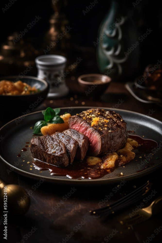 Expensive steak on a luxurious dinner plate. Food photography created