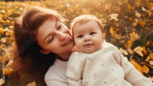 Mother laying down with baby on yellow autumn leaves. Generative AI