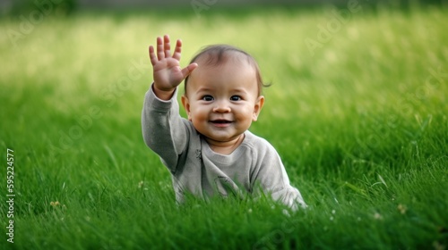 Closeup of happy baby waving hello sitting on green grass lawn. Generative AI