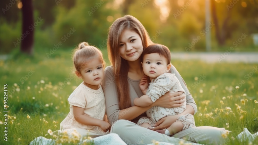 Happy mother holding babies in the park. Generative AI Happy mother holding babies in the park. Generative AI