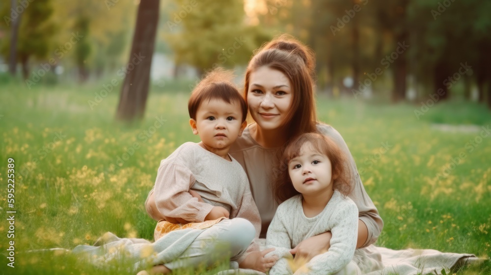 Happy mother holding babies in the park. Generative AI Happy mother holding babies in the park. Generative AI