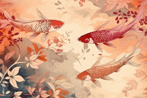 Oriental Japanese style abstract pattern background design with koi fish decorate in water color texture, 2023 chinese new year and spring festival, poster and greeting card template