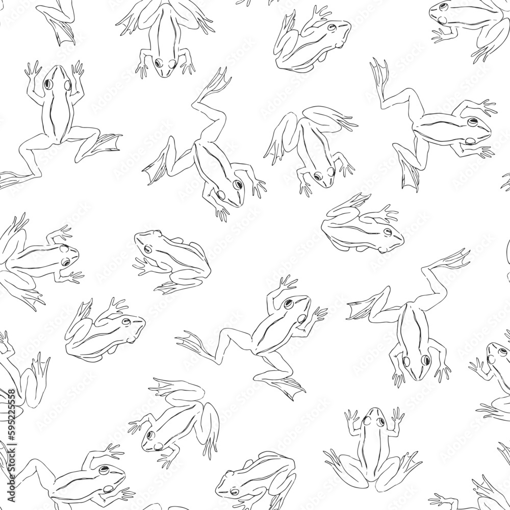 Vector seamless pattern with funny frogs on pond isolated on white. Hand drawn texture with cute cartoon characters in doodle style. Vector seamless pattern with funny frogs on pond isolated on white. Hand drawn texture with cute cartoon characters in doodle style.