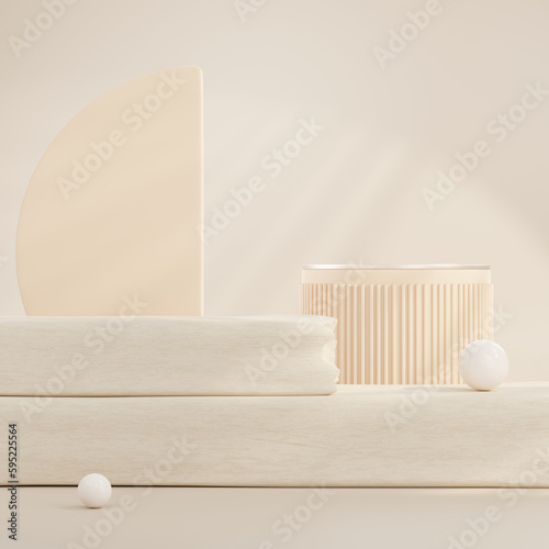 3D rendering Product display podium stand with curtain on Brown background. Mock up for the presentation. cylinder.