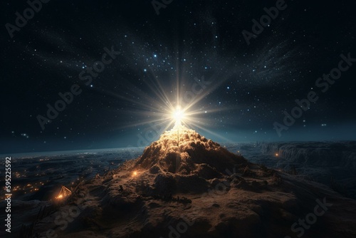 The Christmas star above Bethlehem's Nativity, in a dark blue starry sky with a bright beam. Generative AI