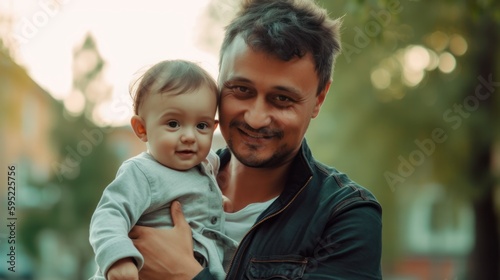 Portrait of happy father holding toddler in the hands. Generative AI