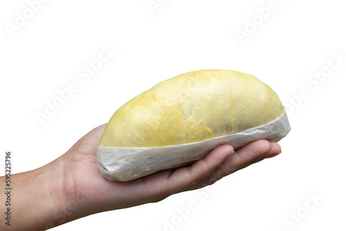 Hand holding ripe durian wrapped in white paper ready to eat is the most popular and king of fruit in Thailand isolated on white background included clipping path.
