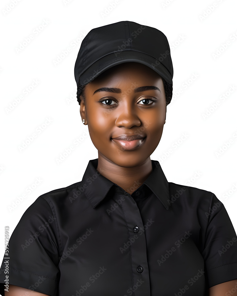 Young Black Female Retail Worker in Uniform Standing on White Background Young Black Female Retail Worker in Uniform Standing on White Background