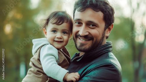 Portrait of happy father holding toddler in the hands. Generative AI