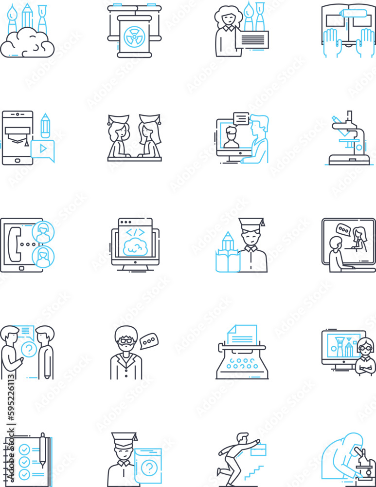 Virtual schooling linear icons set. Online-learning, Distance-education, Web-based-learning, Remote-instruction, E-learning, Digital-education, Internet-learning line vector and concept signs. Cyber