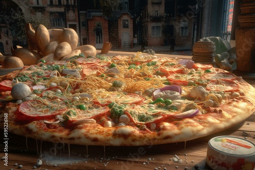 AI-generated realistic illustration of Italian pizza monuments. Cheese and tomato snack from pizzeria. Generative AI © Anika