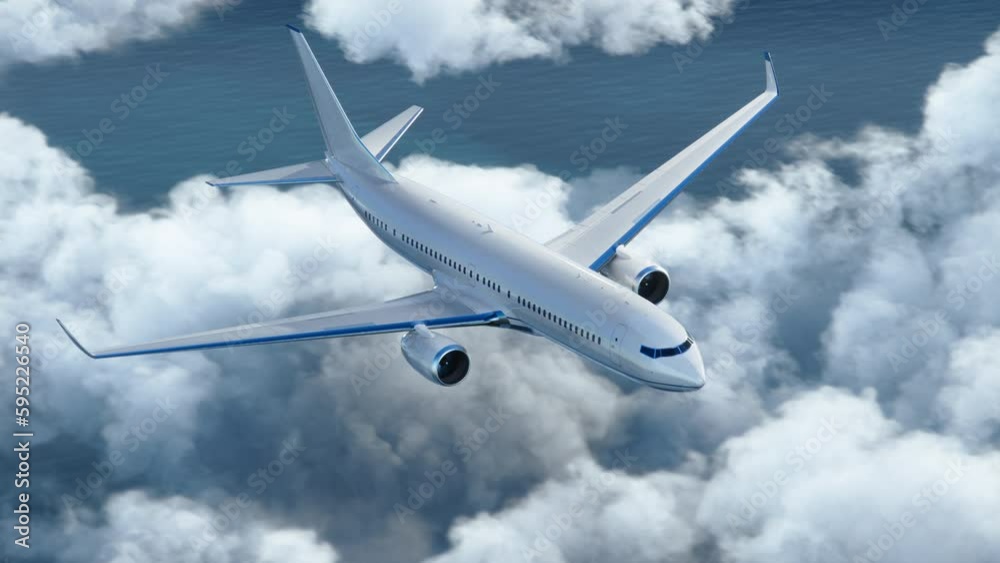 Tracking Shot of White Passenger Civil Airplane Flying Above the Clouds in Bright Sunny Day. Top View