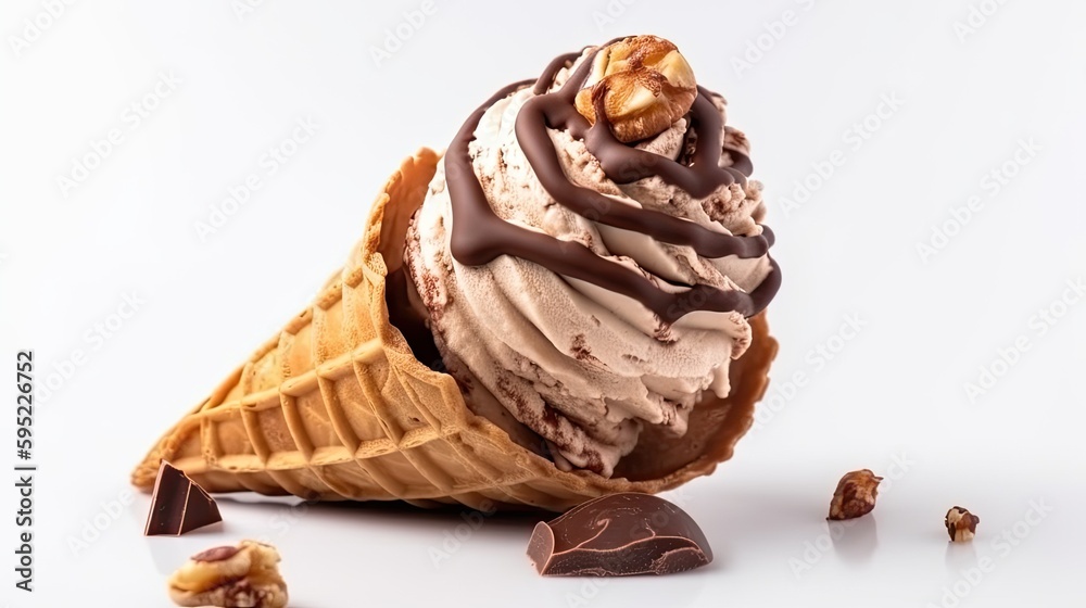 Chocolate hazelnut ice cream in a waffle cone with Nutella swirls and ...
