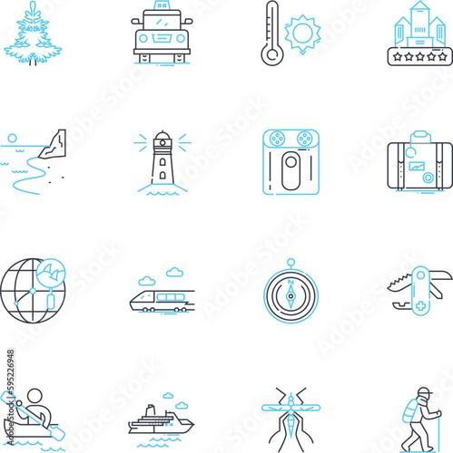 Roaming linear icons set. Wandering, Travelling, Exploring, Roaming, Trekking, Rambling, Migrating line vector and concept signs. Drifting,Moving,Journeying outline illustrations