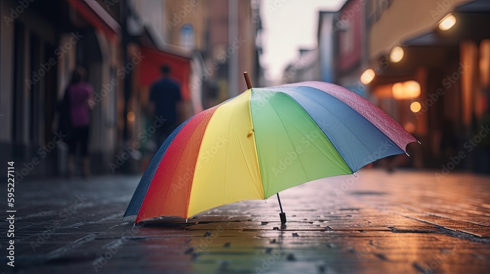 A rainbow colored umbrella on a wet street, pride month, lgbtqia+ , generative ai