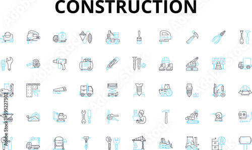 Construction linear icons set. Renovation, Framing, Roofing, Pouring, Demolition, Carpentry, Foundation vector symbols and line concept signs. Blueprints,Concrete,Excavation illustration
