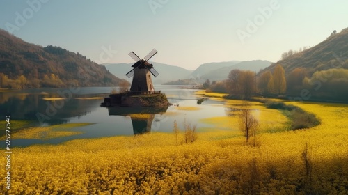 Windmill Beside Field of Yellow Flowers