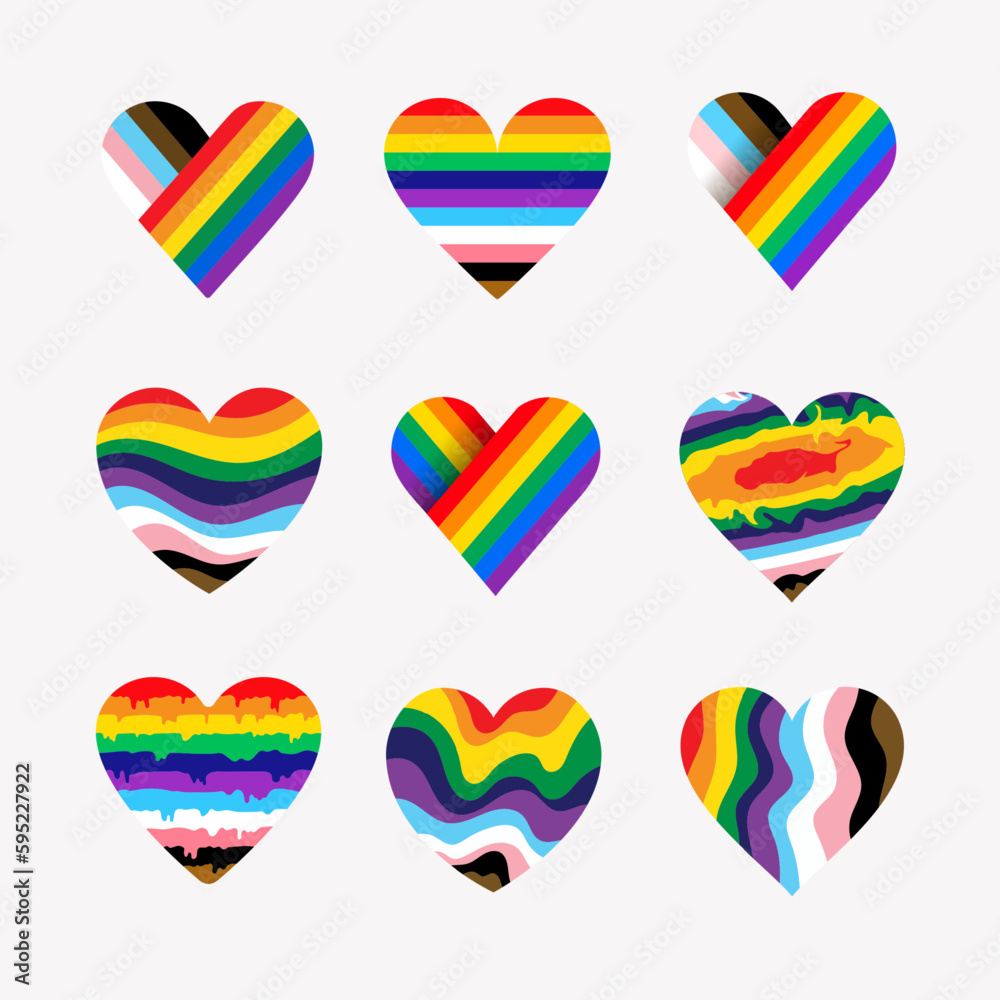 Set of LGBTQ Pride Heart. Heart Shape with LGBT Progress Pride Rainbow Flag Pattern. Pride month june. LGBT Heart wavy Rainbow Pride of Gay, Lesbian flag icon colorful concept. Vector Illustration.