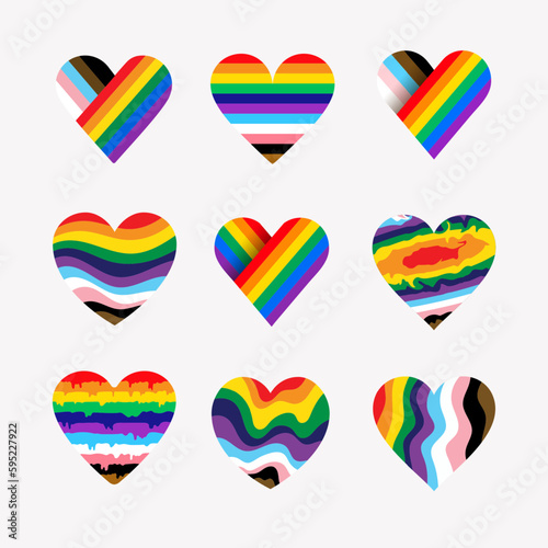 Set of LGBTQ Pride Heart. Heart Shape with LGBT Progress Pride Rainbow Flag Pattern. Pride month june. LGBT Heart wavy Rainbow Pride of Gay, Lesbian flag icon colorful concept. Vector Illustration.