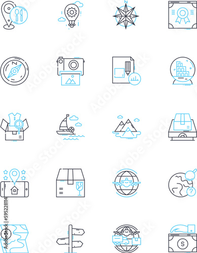 Intercontinental mobility linear icons set. Migration, Relocation, Emigration, Immigration, Transnationalism, Diaspora, Nomadism line vector and concept signs. Globalization,Mobility,Adaptation photo