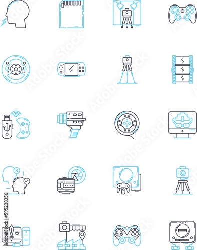 Video production linear icons set. Cinematography, Editing, Lighting, Scripting, Directing, Storyboarding, Visuals line vector and concept signs. Sound,Special Effects,Post-Production outline