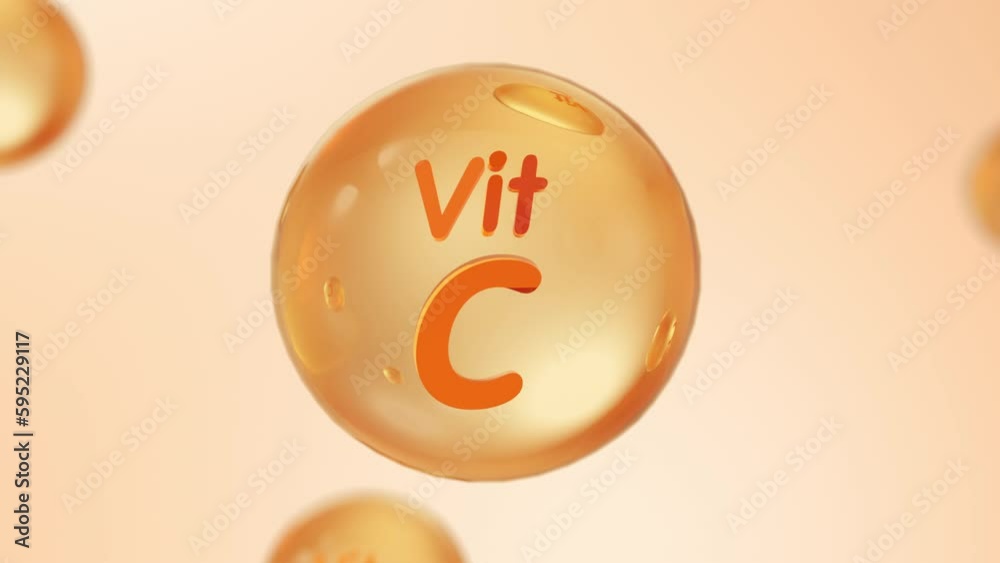 Vitamin C orange and structure. Pill vitamins complex and bubble collagen serum chemical formula. Beauty treatment nutrition skin care design. Medical and scientific concepts. 3D
