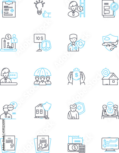 Professional indemnity linear icons set. Coverage, Liability, Insurance, Lawsuit, Claim, Negligence, Protection line vector and concept signs. Defense,Risk,Malpractice outline illustrations