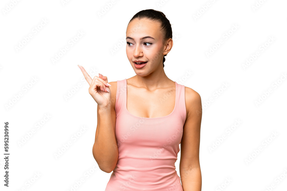 Young Arab woman over isolated background intending to realizes the solution while lifting a finger up Young Arab woman over isolated background intending to realizes the solution while lifting a finger up