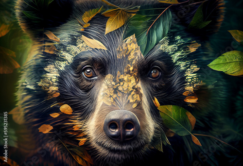 Beautiful abstract, Snow Leopard on autumn leaves background. Generative AI technology. photo