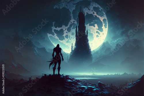 A dark medieval fantasy landscape with a tall black Romanesque tower, silhouetted against the full moon Fototapeta