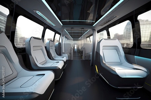 Futuristic concept for urban transportation. Train interior design idea created using generative AI tools © Salander Studio