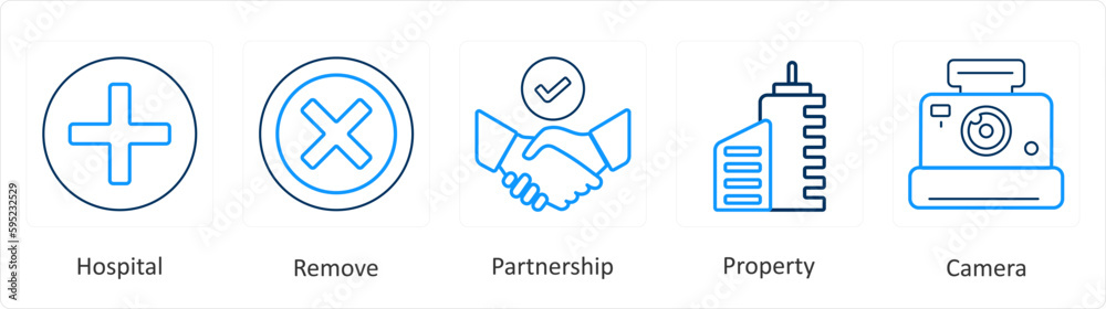 A set of 5 mix icons as hospital, remove, partnership