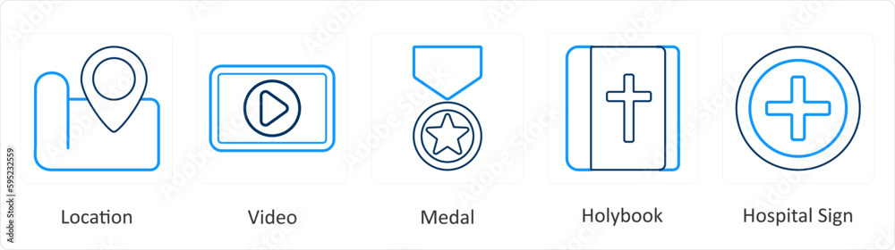 A set of 5 mix icons as location, video, medal A set of 5 mix icons as location, video, medal