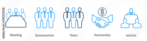 A set of 5 mix icons as meeting, business man, team