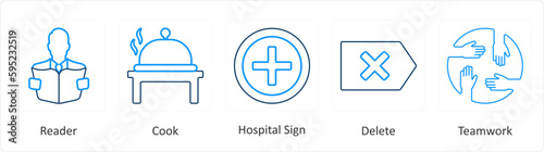 A set of 5 mix icons as reader, cook, hospital sign