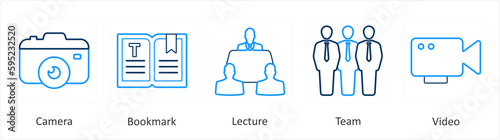A set of 5 mix icons as camera, bookmark, lecture