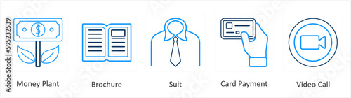 A set of 5 mix icons as money plant, brochure, suit 
