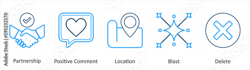 A set of 5 mix icons as partnership, positive comment, location