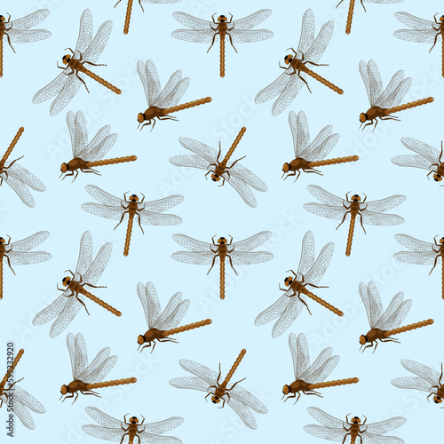 Vector seamless pattern with dragonflies. Creative texture for fabric, wrapping, textile, wallpaper, apparel. Summer Dragonflies in the sky. Simple minimalistic print with dragonfly insects. Vector © EVGENIY