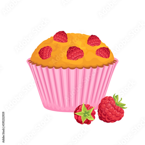Raspberry muffin in pink paper and heap of berries isolated on white. Vector cartoon illustration of fresh cupcake.
