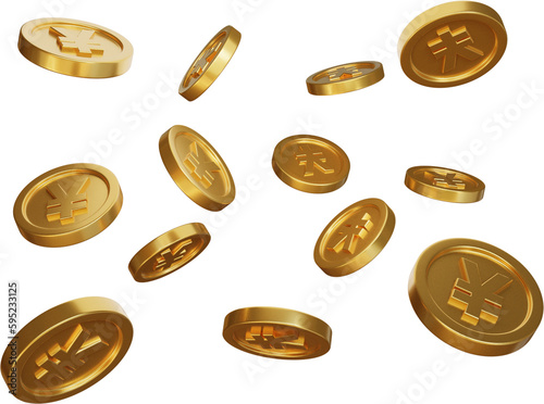 Golden falling yuan coins 3d render illustration	