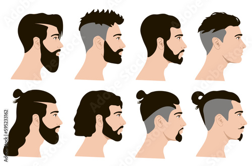 Portraits of hipster man set. Men hair style. Side bearded face. Barber shop. Design elements male heads in cartoon style on a white background.