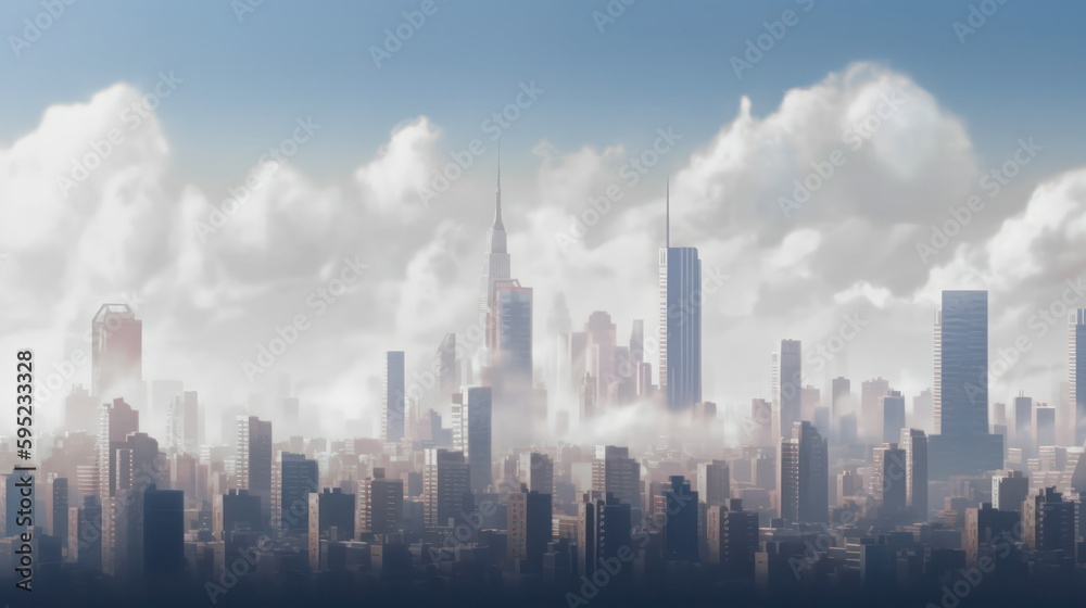 many skyscrapers in the city. skyline. smog fog midday. Generative AI