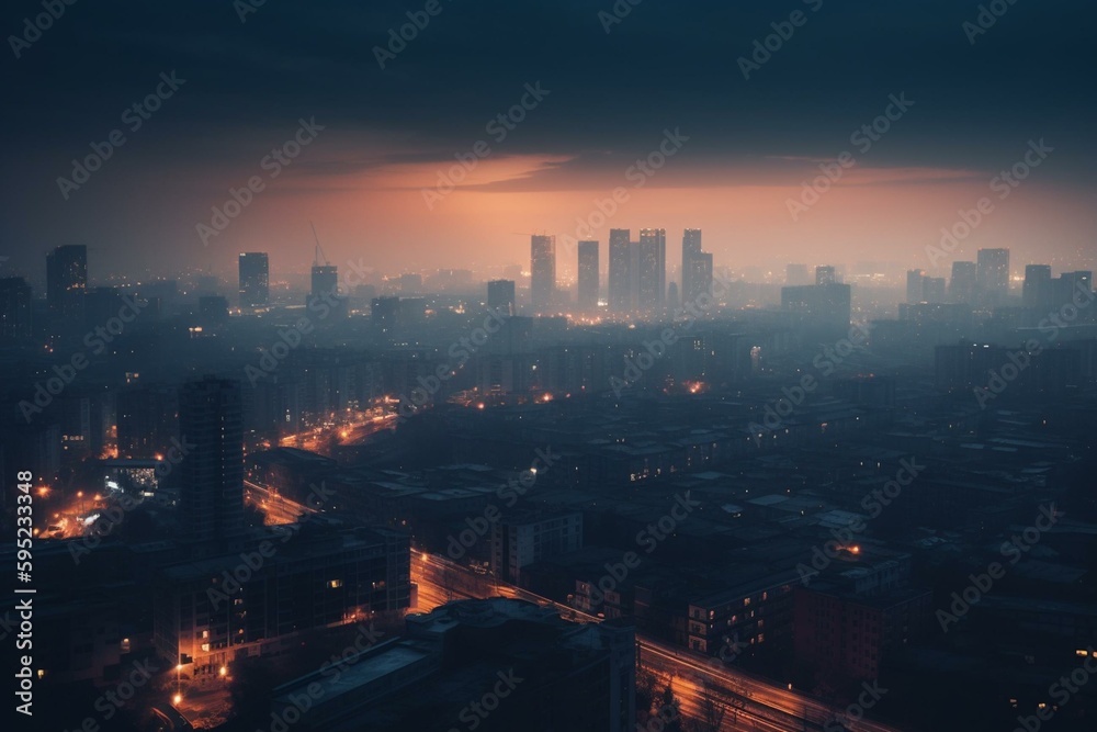 Stunning hazy urban skyline with cozy illumination. Generative AI