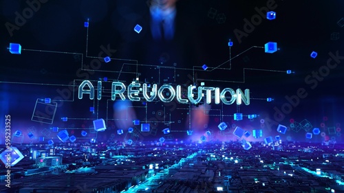 AI Revolution- businessman working and touching with augmented virtual reality at night office.