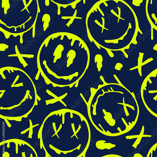 Smile flowing smiling face seamless pattern. Seamless distorted melting smiley face illustration pattern. Wallpaper or wrapping paper