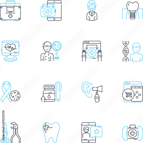Community medicine linear icons set. Prevention, Health, Outreach, Intervention, Advocacy, Support, Equity line vector and concept signs. Empowerment,Education,Systematic outline illustrations