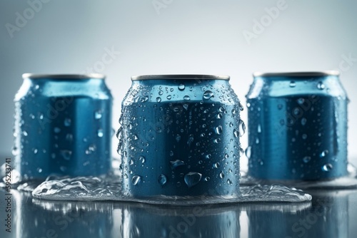 Blue water droplets on rustling nectar cans isolated on white. Generative AI photo