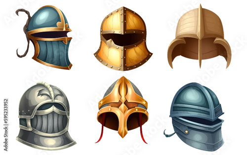 set vector illustration of Knight's helmet multi colored with stone gem isolate
